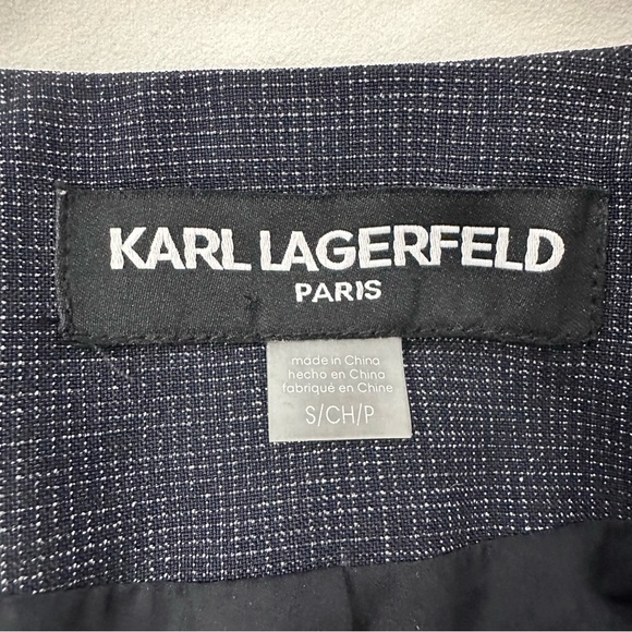 Karl Lagerfeld Blazer Navy Small Long Jacket White Contrast Trim Lined Pockets - Picture 3 of 15